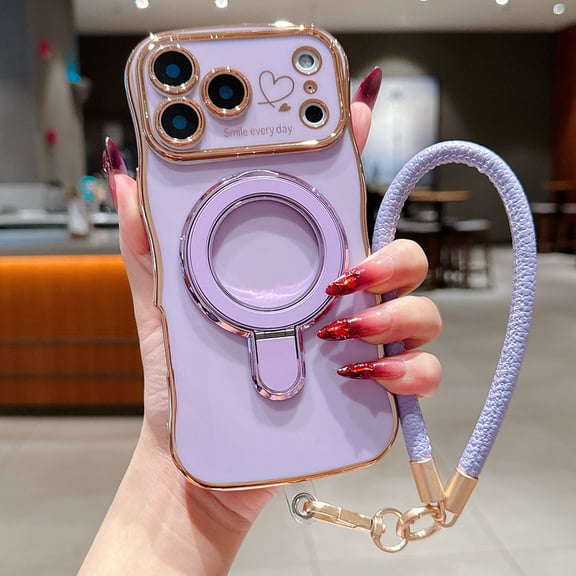 Phone Case: Electroplated Wave Double Heart Large Window Wireless Charging Magnetic TPU Case for iPhone 17 Pro Max 16 15 14 Plus 13 12 17 Air with Stand Wrist Strap