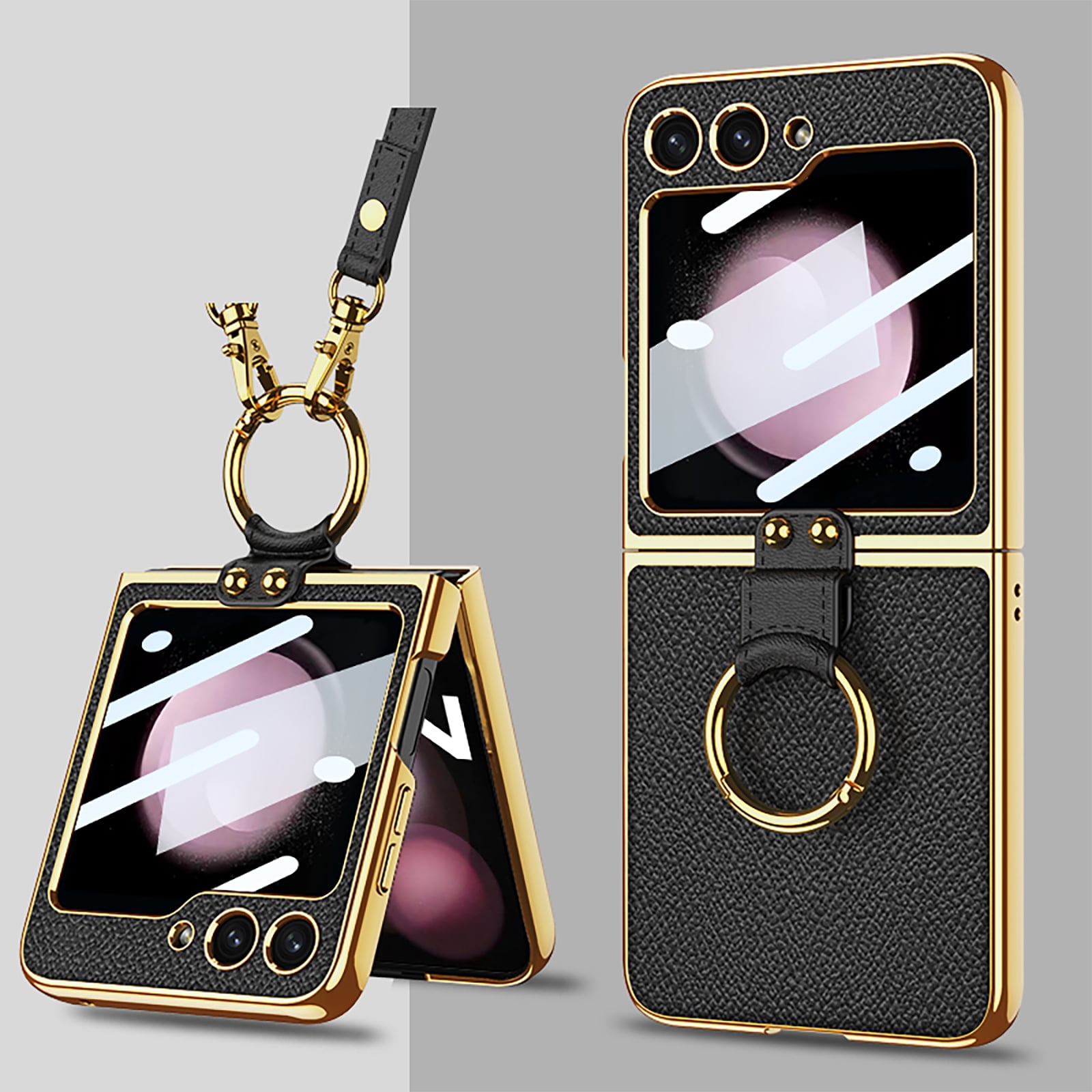 Phone Case For Samsung Galaxy Z Flip 5 , Shockproof Protective Anti-Scratch Phone Case,Ultra-Thin Back Cover Screen Protector with Ring Holder & Adjustable Strap,PU Leather + Hard PC Shell,Black