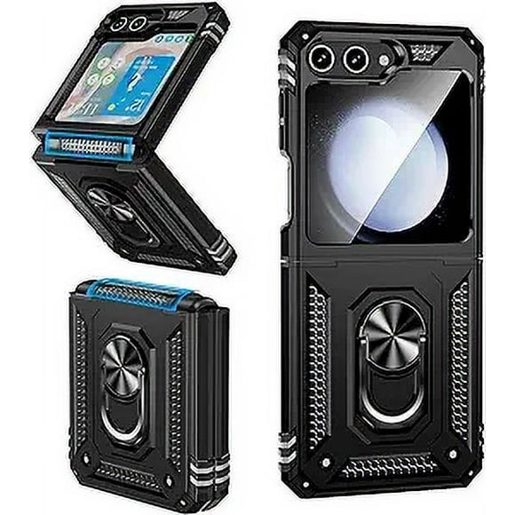 Phone Case For Samsung Z Flip 5 Case with Kickstand, Sturdy Heavy Duty Shockproof Phone Case for Samsung Z Flip 5 with Rotating Holder Ring, Black