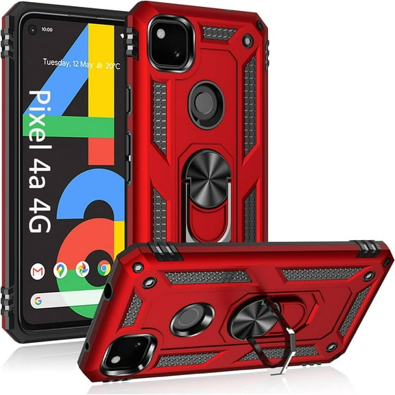 Phone Case for Google 4a 4G,Google Pixel 4a 4G Case, Military Grade Protective Google Pixel 4a Cases Cover with Ring Car Mount Kickstand for Google Pixel 4a 4G - Red