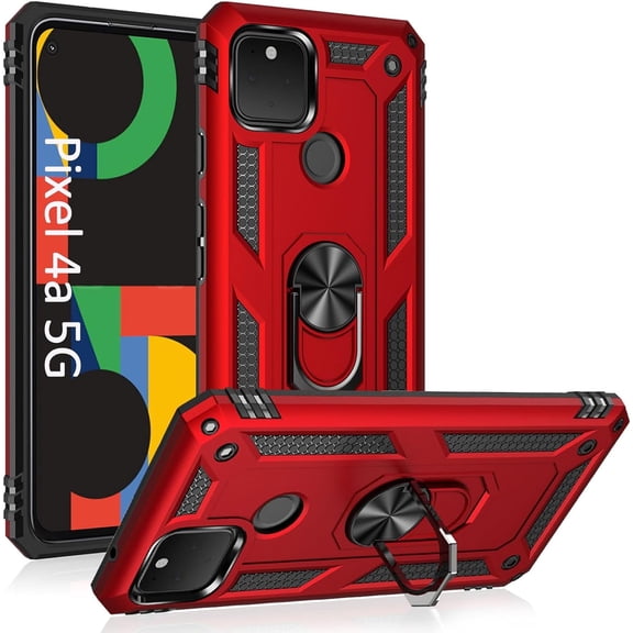 Phone Case for Google 4a 5G,Google Pixel 4a 5G Case, Military Grade Protective Google Pixel 4a 5G Cases Cover with Ring Car Mount Kickstand for Google Pixel 4a 5G - Red