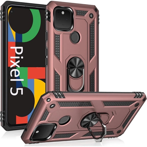 Phone Case for Google 5,Google Pixel 5 Case, Military Grade Protective Google Pixel 5 Cases Cover with Ring Car Mount Kickstand for Google Pixel 5 5G - Rose Gold