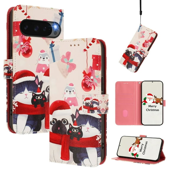 Phone Case for Google Pixel 10 /10 Pro, Luxury Christmas Pattern Card Slots Cash Pocket Magnetic Clasp Full Body Protection Shockproof Kickstand Wallet Flip Case with Wrist Strap, E