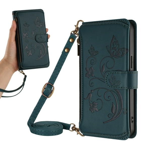 Stylish All-in-One Zipper Wallet Case for Google Pixel 10/10 Pro with Crossbody Strap&Wrist Strap,Card Holders Cash Pocket Kickstand Embossed Floral Premium PU Leather with Magnetic Clasp,Darkblue