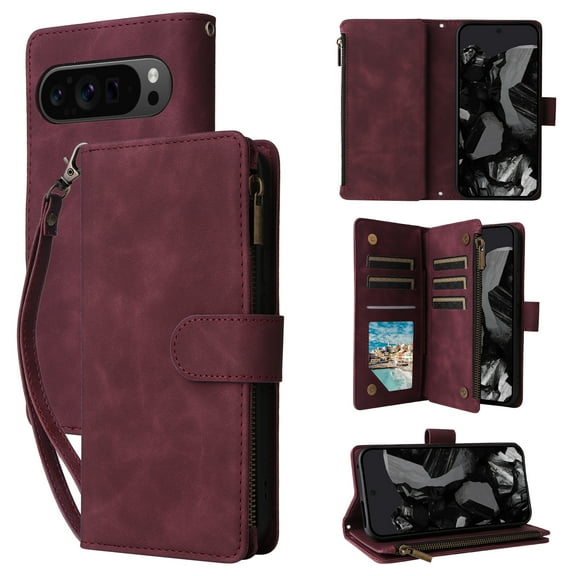 Phone Case for Google Pixel 10 Pro XL, Wallet Case with Zipper for Women and Men, PU Leather Magnetic Buckle Flip Kickstand Closure Wrist Strap Zipper Card Holder Phone Cases, Winered