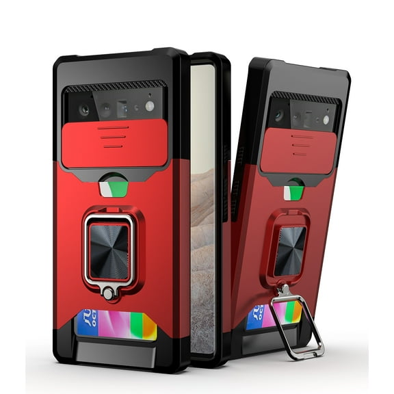 Phone Case for Google Pixel 6-5G (6.4 Inch) - [Sliding Cover for Camera], Silicone/Plastic Protective Composite Case, Shockproof Drop Proof Rugged Cover with Kickstand /Card Holder (Red)