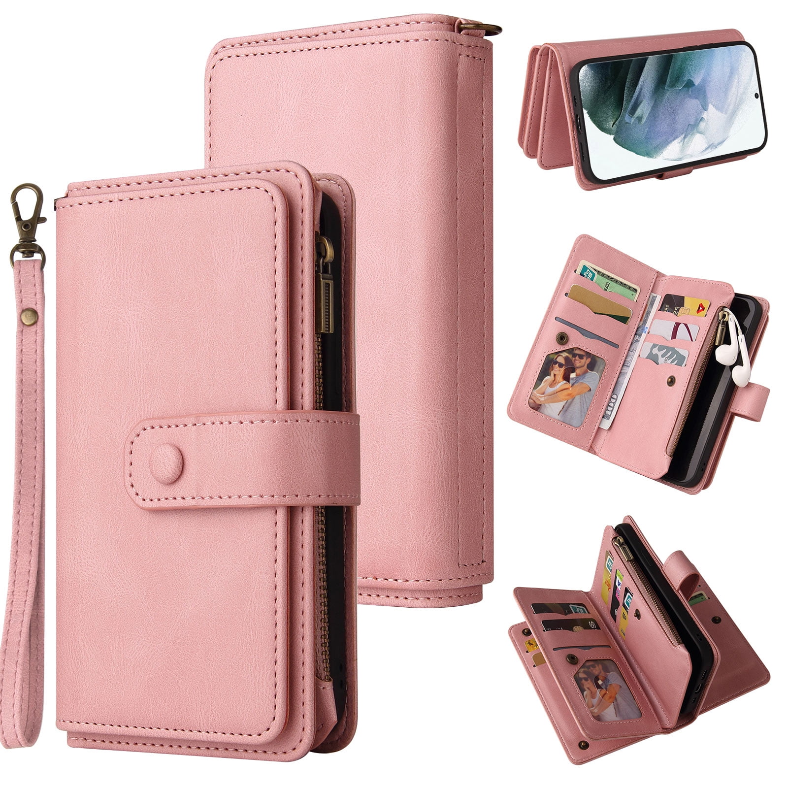 Phone Case for Google Pixel 6, Google Pixel 6 Wallet Case, Luxury Folio Flip Leather Cover [Zipper Pocket] [Wrist Strap] [Kickstand] for Google Pixel 6 6.4 inch,Pink