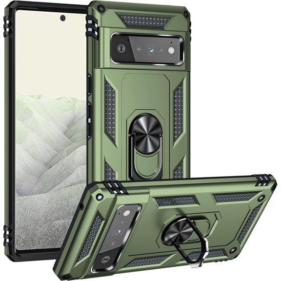 Phone Case for Google Pixel 6 Pro Heavy Duty Rugged Full Body Shockproof Protection Built-in Finger Ring Kickstand Military  Scratch Proof Bumper Hard Back Cover Olive Green