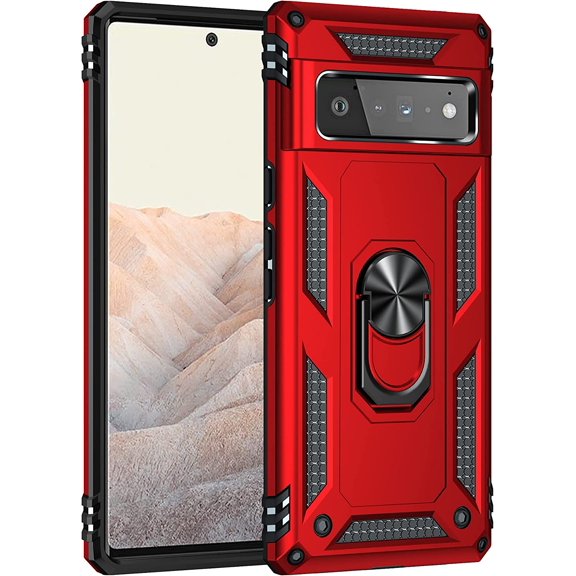 Phone Case for Google Pixel 6 Pro Heavy Duty Rugged Full Body Shockproof Screen Protection Built-in Finger Ring Kickstand Military  Scratch Proof Bumper Hard Back Cover Red
