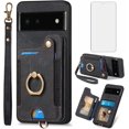 thumbnail image 1 of Phone Case for Google Pixel 6 Wallet Cover with Tempered Glass Screen Protector and Wrist Strap Lanyard RFID Credit Card Holder Ring Stand Cell Accessories Pixel6 Pixle Six Women Men Black, 1 of 13