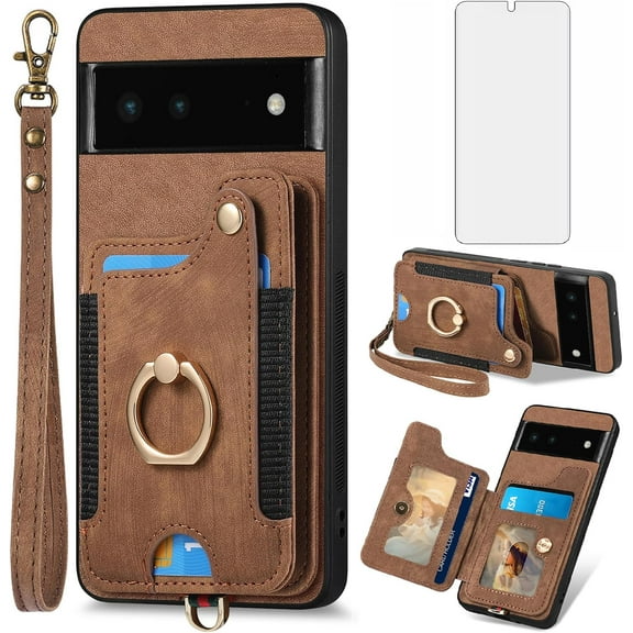 Phone Case for Google Pixel 6 Wallet Cover with Tempered Glass Screen Protector and Wrist Strap Lanyard RFID Credit Card Holder Ring Stand Cell Accessories Pixel6 Pixle Six Women Men Brown