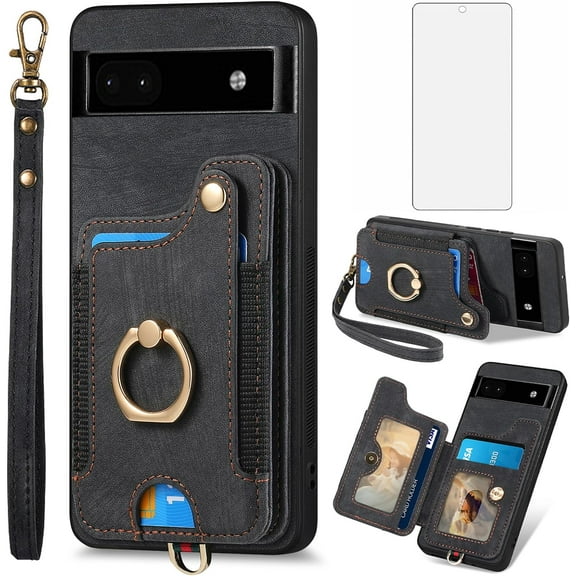 Phone Case for Google Pixel 6A 5G 2022 Wallet Cover with Tempered Glass Screen Protector and Wrist Strap Lanyard RFID Credit Card Holder Ring Stand Cell Accessories Pixel6A A6 Women Men Black