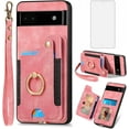 thumbnail image 1 of Phone Case for Google Pixel 6A 5G 2022 Wallet Cover with Tempered Glass Screen Protector and Wrist Strap Lanyard RFID Credit Card Holder Ring Stand Cell Accessories Pixel6A A6 Women Men Pink, 1 of 12