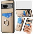 thumbnail image 1 of Phone Case for Google Pixel 7 5G Wallet Cover with Tempered Glass Screen Protector Slim Ring Stand Credit Card Holder Magnetic Leather Cell Accessories Pixel7 Pixle Seven 6.3 Women Men Beige, 1 of 7