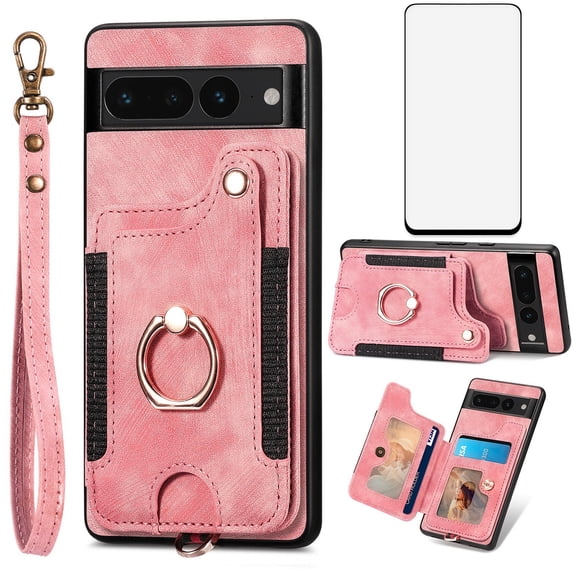 Phone Case for Google Pixel 7 Pro 5G Wallet Cell Cover with Tempered Glass Screen Protector Slim Lanyard Wrist Strap RFID Ring Stand Credit Card Holder Slot Pixel7Pro Pixel7 XL Seven 7Pro 6.7 Pink