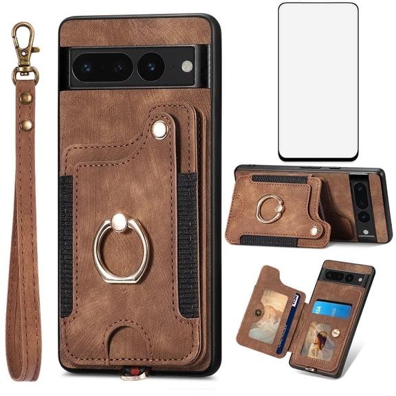 Phone Case for Google Pixel 7 Pro 5G Wallet Cell Cover with Tempered Glass Screen Protector Slim Lanyard Wrist Strap RFID Ring Stand Credit Card Holder Slot Pixel7Pro Pixel7 XL Seven 7Pro 6.7 Brown