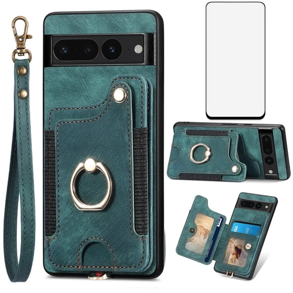 Phone Case for Google Pixel 7 Pro 5G Wallet Cell Cover with Tempered Glass Screen Protector Slim Lanyard Wrist Strap RFID Ring Stand Credit Card Holder Slot Pixel7Pro Pixel7 XL Seven 7Pro 6.7 Green