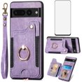 thumbnail image 1 of Phone Case for Google Pixel 7 Pro 5G Wallet Cover with Screen Protector and Wrist Strap Lanyard RFID Credit Card Holder Ring Stand Cell Accessories Pixel7Pro Pixel7 XL Seven 7Pro 6.7 Women Men Purple, 1 of 7