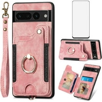 Phone Case for Google Pixel 7 Pro 5G Wallet Cover with Screen Protector and Wrist Strap Lanyard RFID Credit Card Holder Ring Stand Cell Accessories Pixel7Pro Pixel7 XL Seven 7Pro 6.7 Women Men Pink
