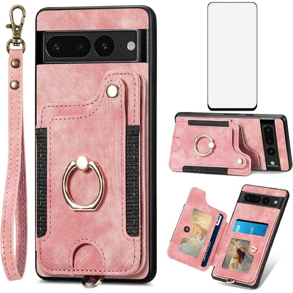 Phone Case for Google Pixel 7 Pro 5G Wallet Cover with Screen Protector and Wrist Strap Lanyard RFID Credit Card Holder Ring Stand Cell Accessories Pixel7Pro Pixel7 XL Seven 7Pro 6.7 Women Men Pink