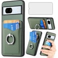 thumbnail image 1 of Phone Case for Google Pixel 7A 5G 2023 Wallet Cover with Tempered Glass Screen Protector and Slim Ring Stand Credit Card Holder Magnetic Leather Cell Accessories Pixel7A A7 Women Men Green, 1 of 7