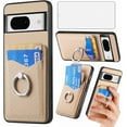 thumbnail image 1 of Phone Case for Google Pixel 8 5G Wallet Cover with Tempered Glass Screen Protector and Slim Ring Stand Credit Card Holder Magnetic Leather Cell Accessories Pixel8 Pixle Eight Women Men Beige, 1 of 14