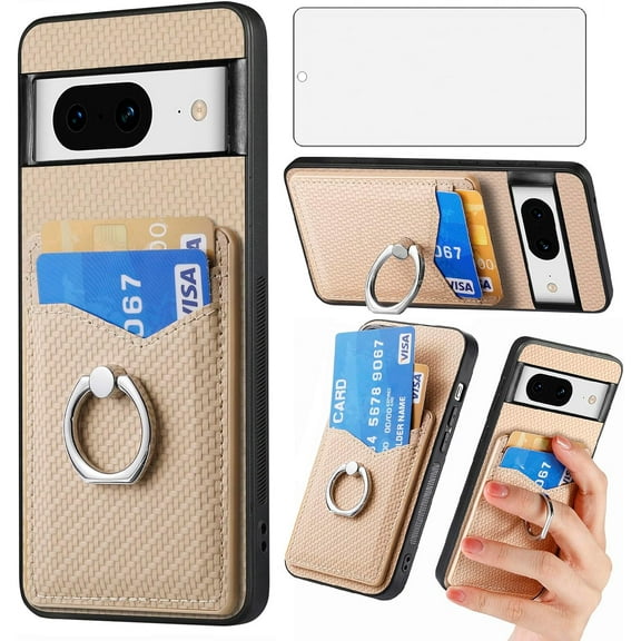 Phone Case for Google Pixel 8 5G Wallet Cover with Tempered Glass Screen Protector and Slim Ring Stand Credit Card Holder Magnetic Leather Cell Accessories Pixel8 Pixle Eight Women Men Beige