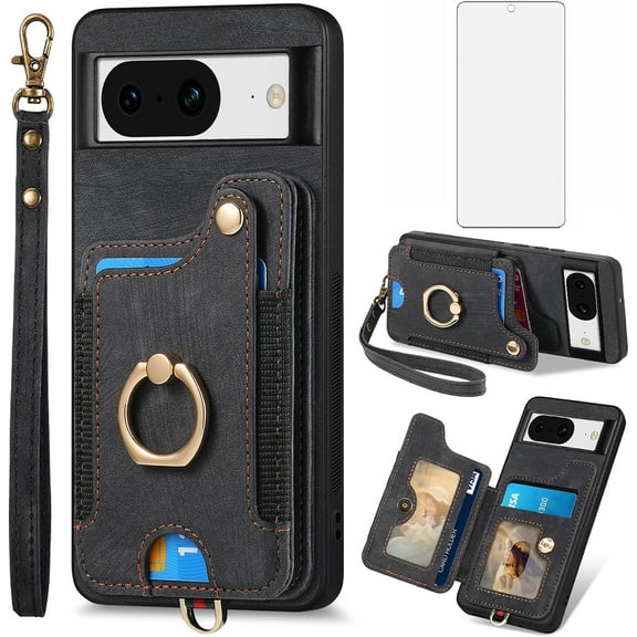 Phone Case for Google Pixel 8 5G Wallet Cover with Tempered Glass Screen Protector Wrist Strap Lanyard RFID Credit Card Holder Ring Stand Cell Accessories Pixel8 Pixle Eight Women Men Black