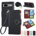 thumbnail image 1 of Phone Case for Google Pixel 8, Lychee Texture PU Leather Magnetic Clasp Zipper Wallet with Crossbody + Wrist Strap Card Holder Stand Flip Cell Cover for Google Pixel 8 Women Girls, Black, 1 of 9