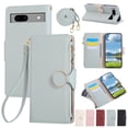 thumbnail image 1 of Phone Case for Google Pixel 8, Lychee Texture PU Leather Magnetic Clasp Zipper Wallet with Crossbody + Wrist Strap Card Holder Stand Flip Cell Cover for Google Pixel 8 Women Girls, Cyan, 1 of 9