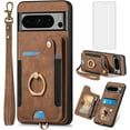 thumbnail image 1 of Phone Case for Google Pixel 8 Pro 5G Wallet Cover with Screen Protector Wrist Strap Lanyard RFID Credit Card Holder Ring Stand Cell Accessories Pixel8Pro Pixel8 XL Eight 8Pro Women Men Brown, 1 of 7