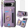 thumbnail image 1 of Phone Case for Google Pixel 8 Pro 5G Wallet Cover with Screen Protector Wrist Strap Lanyard RFID Credit Card Holder Ring Stand Cell Accessories Pixel8Pro Pixel8 XL Eight 8Pro Women Men Purple, 1 of 13