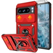 Phone Case for Google Pixel 8 Pro Case, Pixel 8 Pro 5G Phone Case with Slide Camera Cover & Screen Protector (2Pcs), 360°Rotation Ring Kickstand Case for Pixel 8 Pro, Red