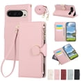 thumbnail image 1 of Phone Case for Google Pixel 8 Pro, Lychee Texture PU Leather Magnetic Clasp Zipper Wallet with Crossbody + Wrist Strap Card Holder Stand Flip Cell Cover for Google Pixel 8 Pro Women Girls, Pink, 1 of 9