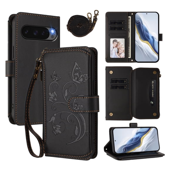 Phone Case for Google Pixel 9 / 9 Pro Wallet Cell Cover with Wrist & Shoulder Strap, Embossed Flower Flip Zipper Card Holder Slots Stand PU Leather Wallet Case for Women Girls Men Women, Black