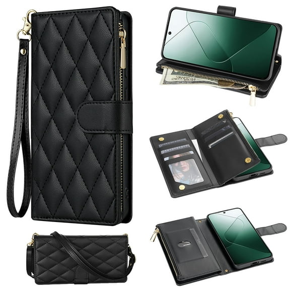 Phone Case for Google Pixel 9 / 9 Pro Wallet Cover with Shoulder Strap & Wrist Strap, Card Holder Slots Stand PU Leather Zipper Pocket Flip Case Magnetic Buckle Women Girls, Black