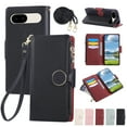thumbnail image 1 of Phone Case for Google Pixel 9, Lychee Texture PU Leather Magnetic Clasp Zipper Wallet with Crossbody + Wrist Strap Card Holder Stand Flip Cell Cover for Google Pixel 9 Women Girls, Black, 1 of 9