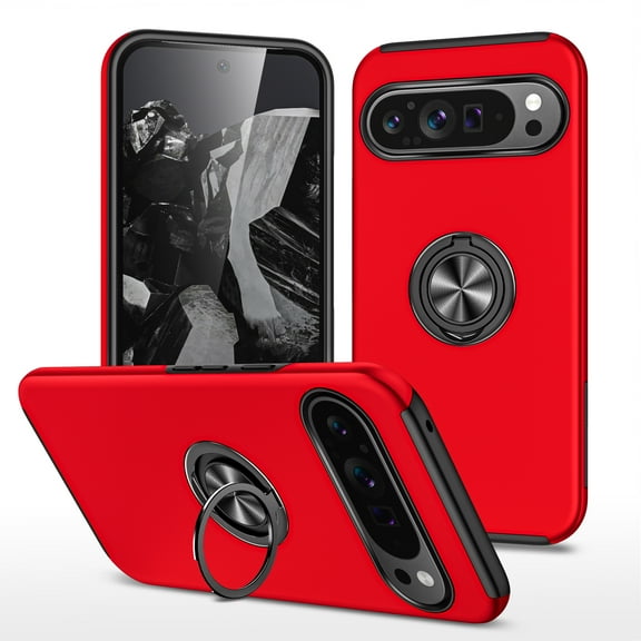 Phone Case for Google Pixel 9, [ Military Grade ] Drop Tested Protection Case with Magnetic Car Mount 360°Rotatable Ring Holder, 2-Layer Rugged Hybrid Hard PC Soft Rubber Cover, Red