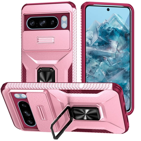 Phone Case for Google Pixel 9 / 9 Pro with Sliding Camera Cover, with 360° + 100° Free Rotation Metal Finger Ring Bracket, Fit Magnet Car Mount, 2 In 1 Case Cover for Google Pixel 9 / 9 Pro, Pink