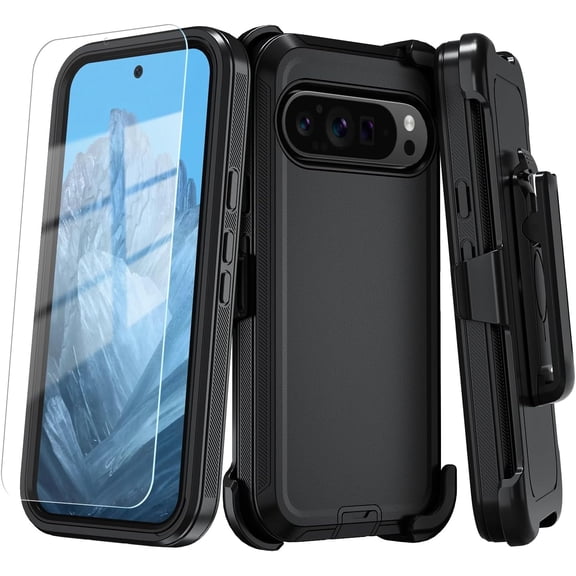 Phone Case for Google Pixel 9 Pro XL Case with HD Screen Protector, Heavy Duty Shockproof & Dropproof 3-Layer Cover Phone Case for Google Pixel 9 Pro XL (BeltClip_Black)
