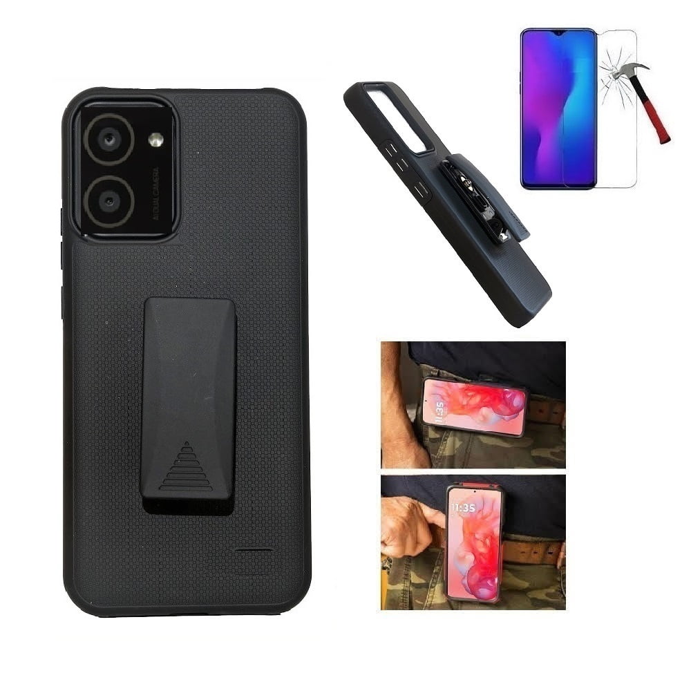 Phone Case for HMD Vibe (Straight Talk/ TracFone), Dual Layer Shockproof  360-Degree Rotating Belt Clip Case Cover with Kickstand + Tempered Glass ...