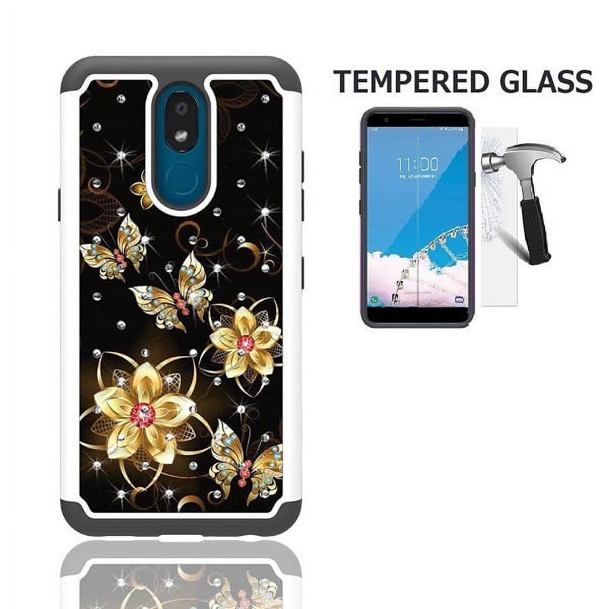 Phone Case for LG Prime 2/ LG Aristo 4 Plus / Straight Talk LG Journey Smartphone / LG Journey /LG Arena 2 / LG Escape Plus, Crystal Bling Shock-Resistant Case (Black Gold Butterfly- Tempered Glass) - image 1 of 4