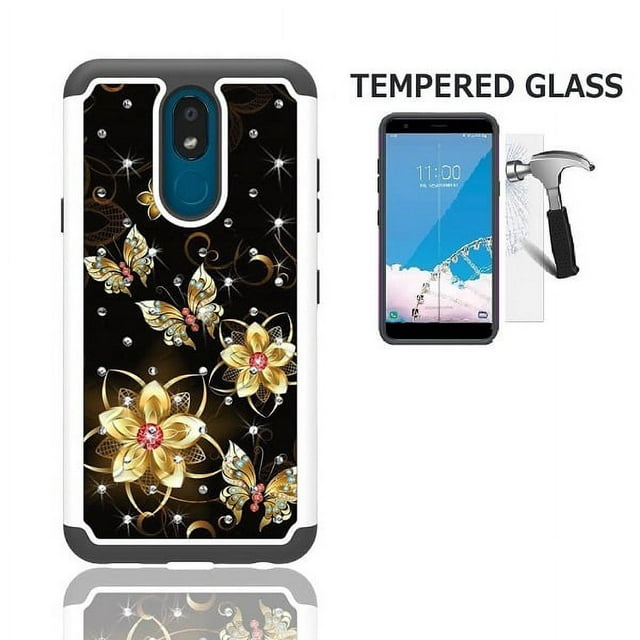 Phone Case for LG Prime 2/ LG Aristo 4 Plus / Straight Talk LG Journey Smartphone / LG Journey /LG Arena 2 / LG Escape Plus, Crystal Bling Shock-Resistant Case (Black Gold Butterfly- Tempered Glass)