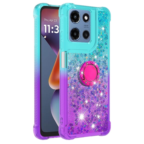 Phone Case for MOTO G 5G 2025 Case with Ring Kickstand, Cute Glitter Bling Sparkle Quicksand Flowing Liquid Clear Gel Silicone ShockProof Cover for MOTO G 5G 2025 Girls-B1