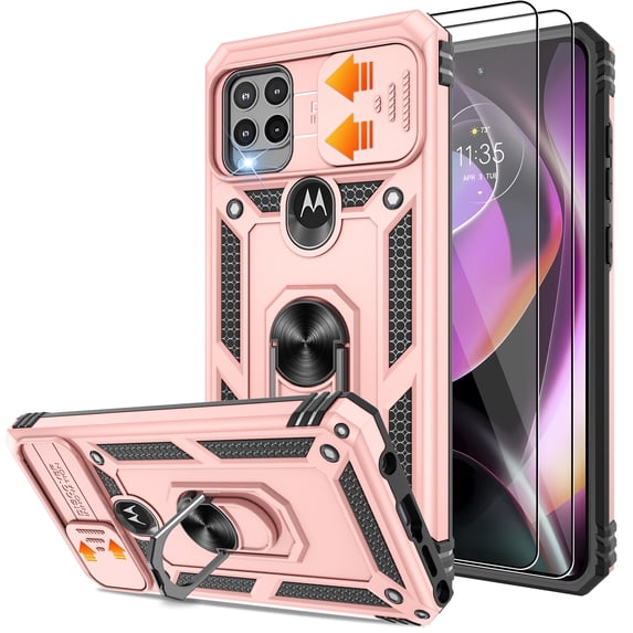 Phone Case for Moto G Stylus 5G 2021 Case, Motorola G Stylus 5G Phone Case with Slide Camera Cover & Screen Protector (2Pcs), 360°Rotation Ring Kickstand for Motorola Moto G Stylus 5G 2021, Rose Gold