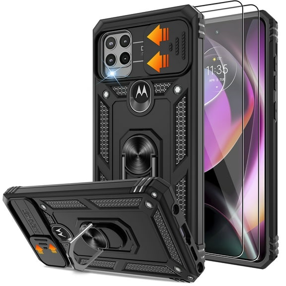 Phone Case for Moto G Stylus 5G 2021 Case, Motorola G Stylus 5G Phone Case with Slide Camera Cover & Screen Protector (2Pcs), 360°Rotation Ring Kickstand for Motorola Moto G Stylus 5G 2021, Black