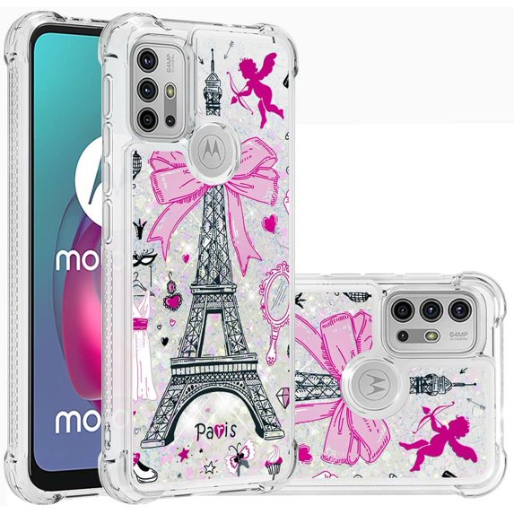 Phone Case for Moto G30,Case for Moto G10,Case for Moto G20,Crystal Bling Quicksand Effect TPU Bumper Four Corners Protection Case for Moto G30/G10/G20,YBDT Iron Tower