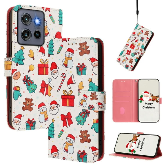 Phone Case for Motorola Edge 2025, Luxury Christmas Pattern Card Slots Cash Pocket Magnetic Clasp Full Body Protection Shockproof Kickstand Wallet Flip Case with Wrist Strap, A