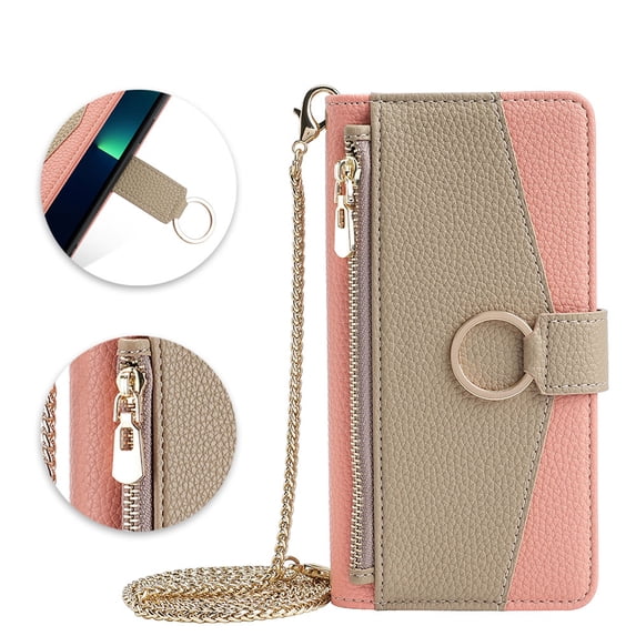 Phone Case for Motorola Edge 40 Neo Zipper Wallet Cover with Make-up Mirror, Flip Cover PU Leather Ring Card Holder Kickstand Crossbody Strap Chain Cell Phone Case Cover, Pink