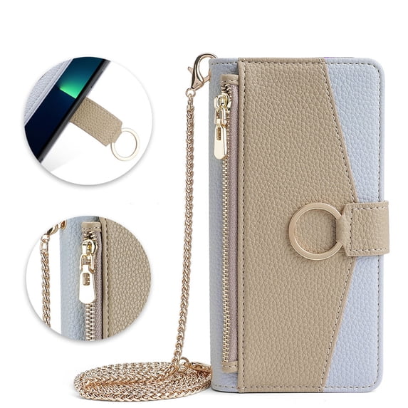 Phone Case for Motorola Edge 40 Neo Zipper Wallet Cover with Make-up Mirror, Flip Cover PU Leather Ring Card Holder Kickstand Crossbody Strap Chain Cell Phone Case Cover, Blue